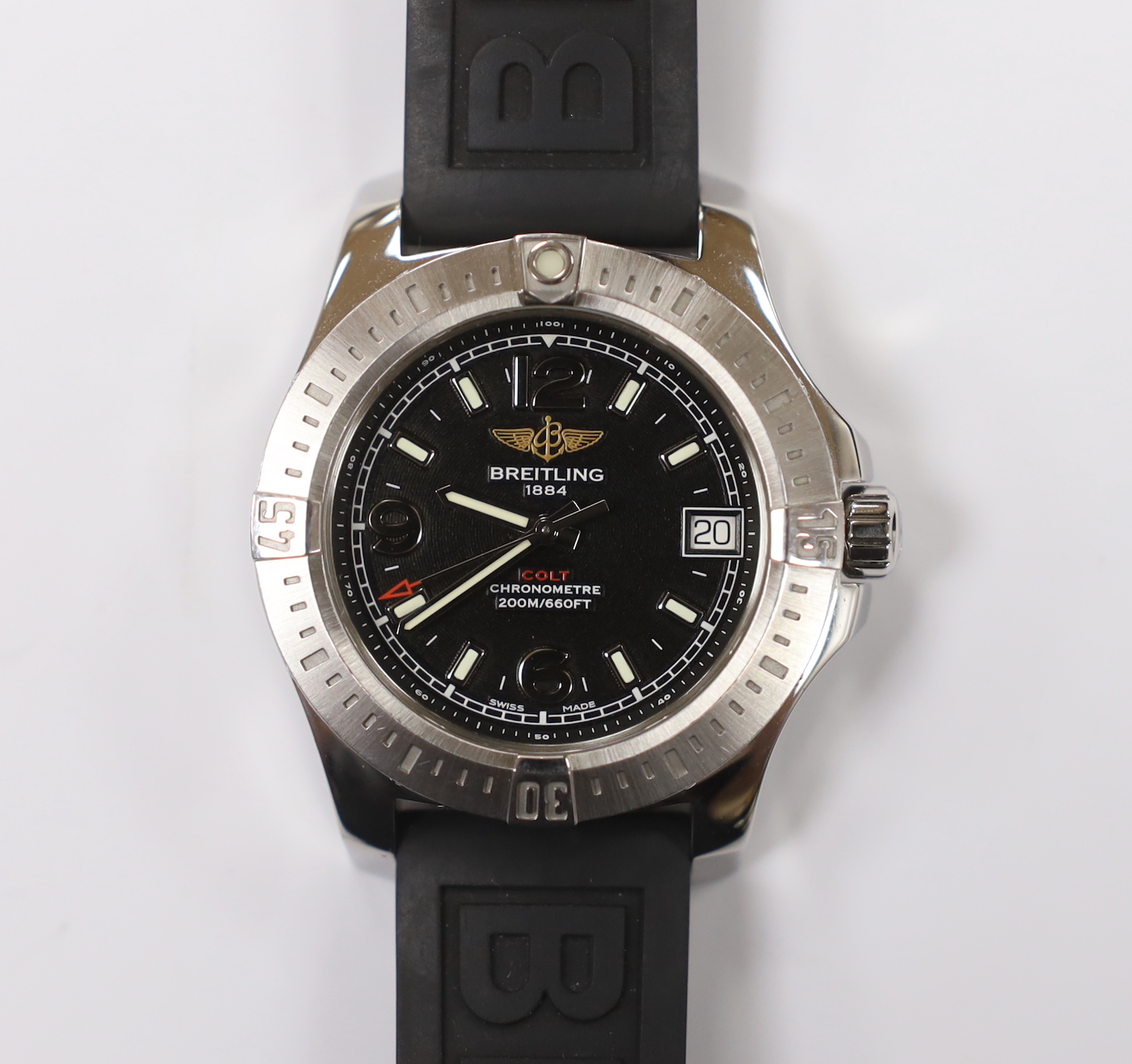 A lady's modern stainless steel Breitling Colt Chronometer quartz wrist watch, with Breitling strap, two spare straps, box and original receipt.